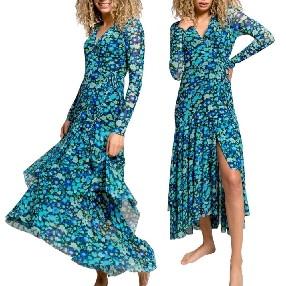 GANNI Floral Print Stretch Mesh Long Sleeve Maxi‎ Wrap Dress